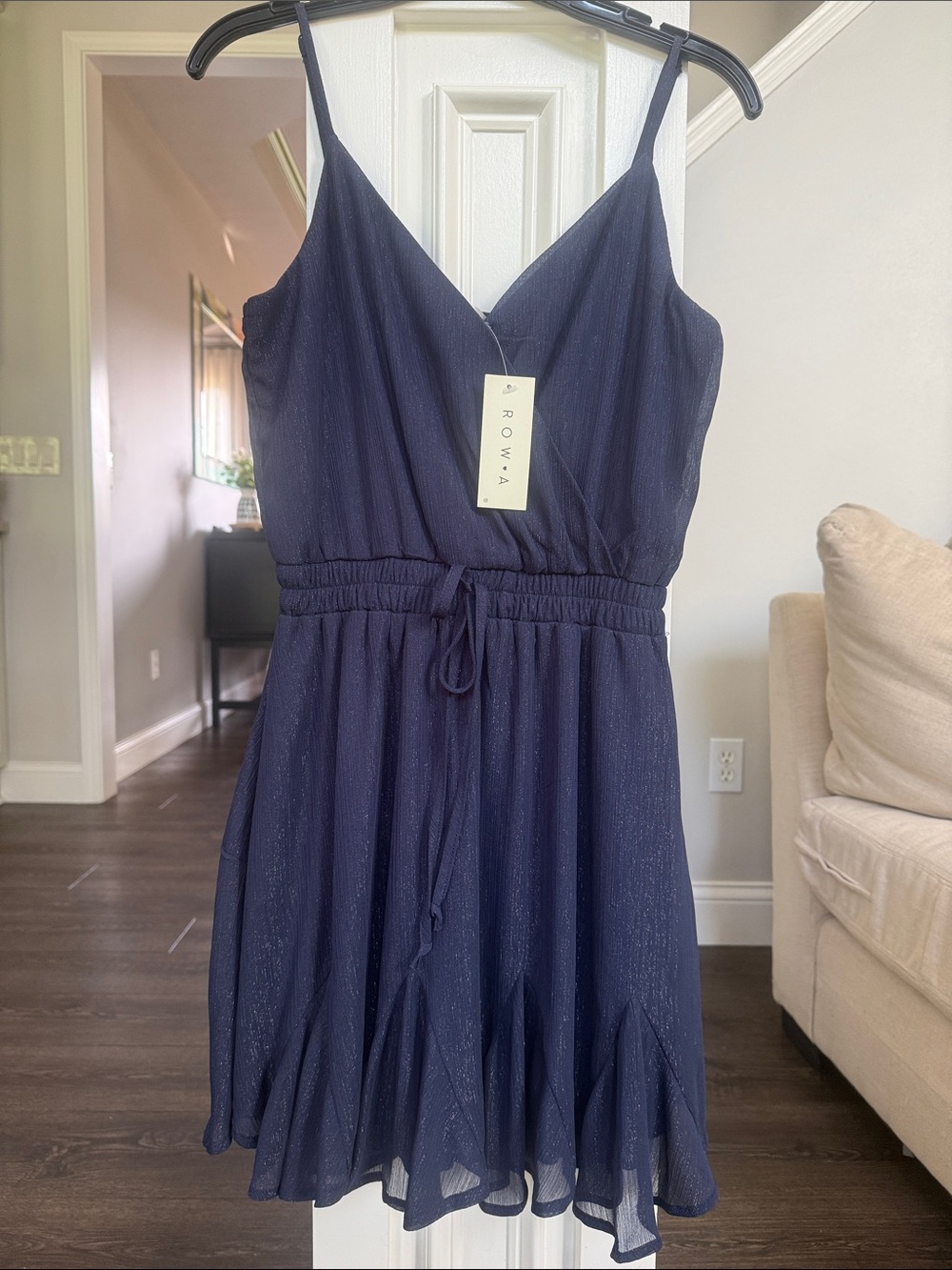 Row A NWT Navy Shimmer Sleeveless V-Neck Dress Ruffle Lined Small